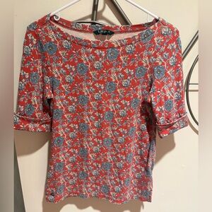Lauren Ralph Lauren Red Floral Short Sleeve Tee Blue Flowers Size M 100% Cotton